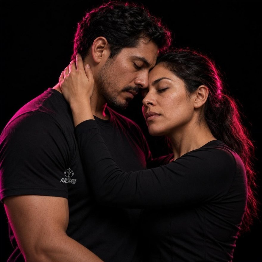 Pareja muy cerca, frente contra sien, luz de contorno magenta