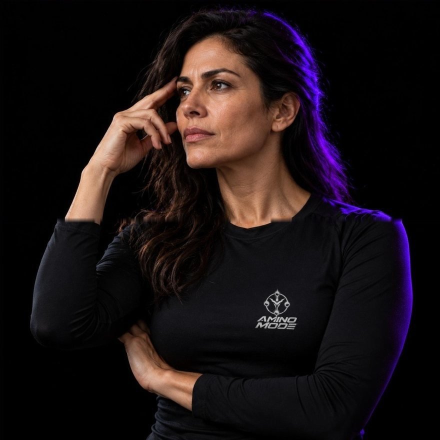 Mujer concentrada mirando fuera de cuadro, luz de contorno violeta