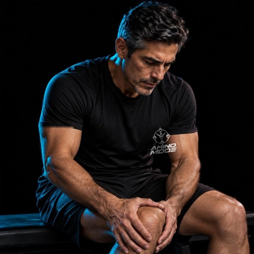 Hombre sentado sosteniéndose la rodilla, luz de contorno cian