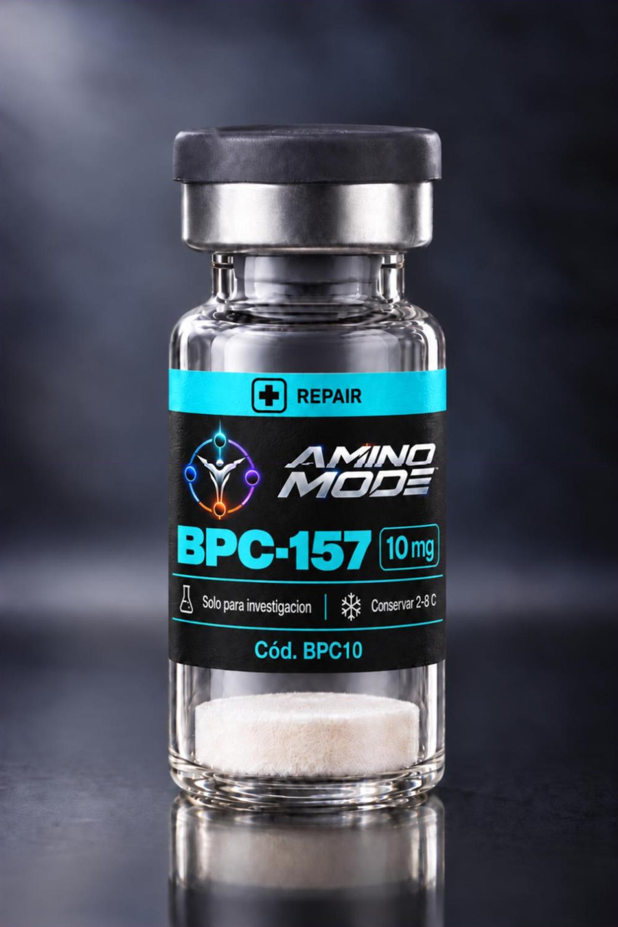 Vial de BPC-157 10 mg con etiqueta AMINO MODE