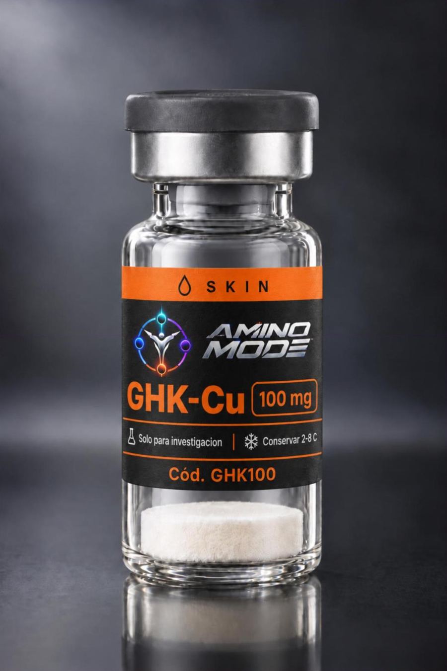 Vial de GHK-Cu 100 mg con etiqueta AMINO MODE